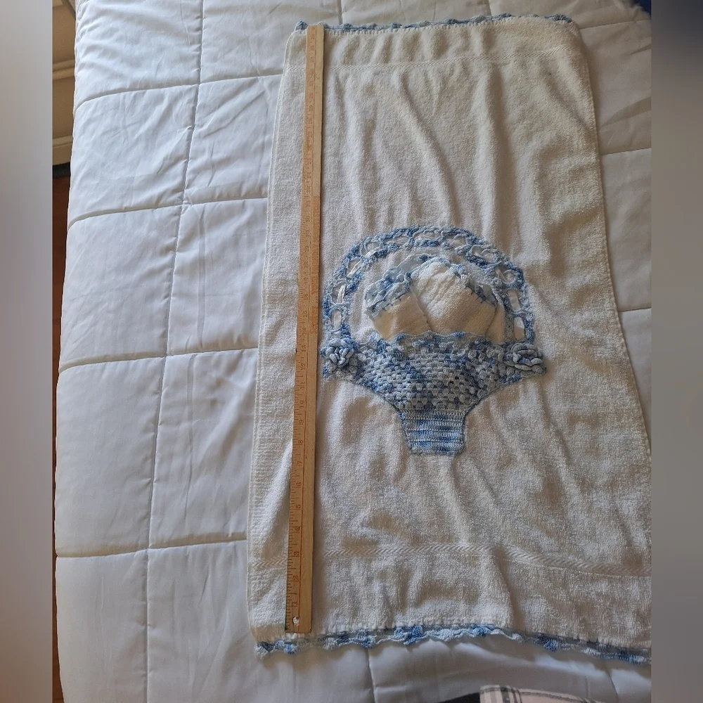 Hand Crafted Cream Bath Towel with Blue Crochet Basket Accent